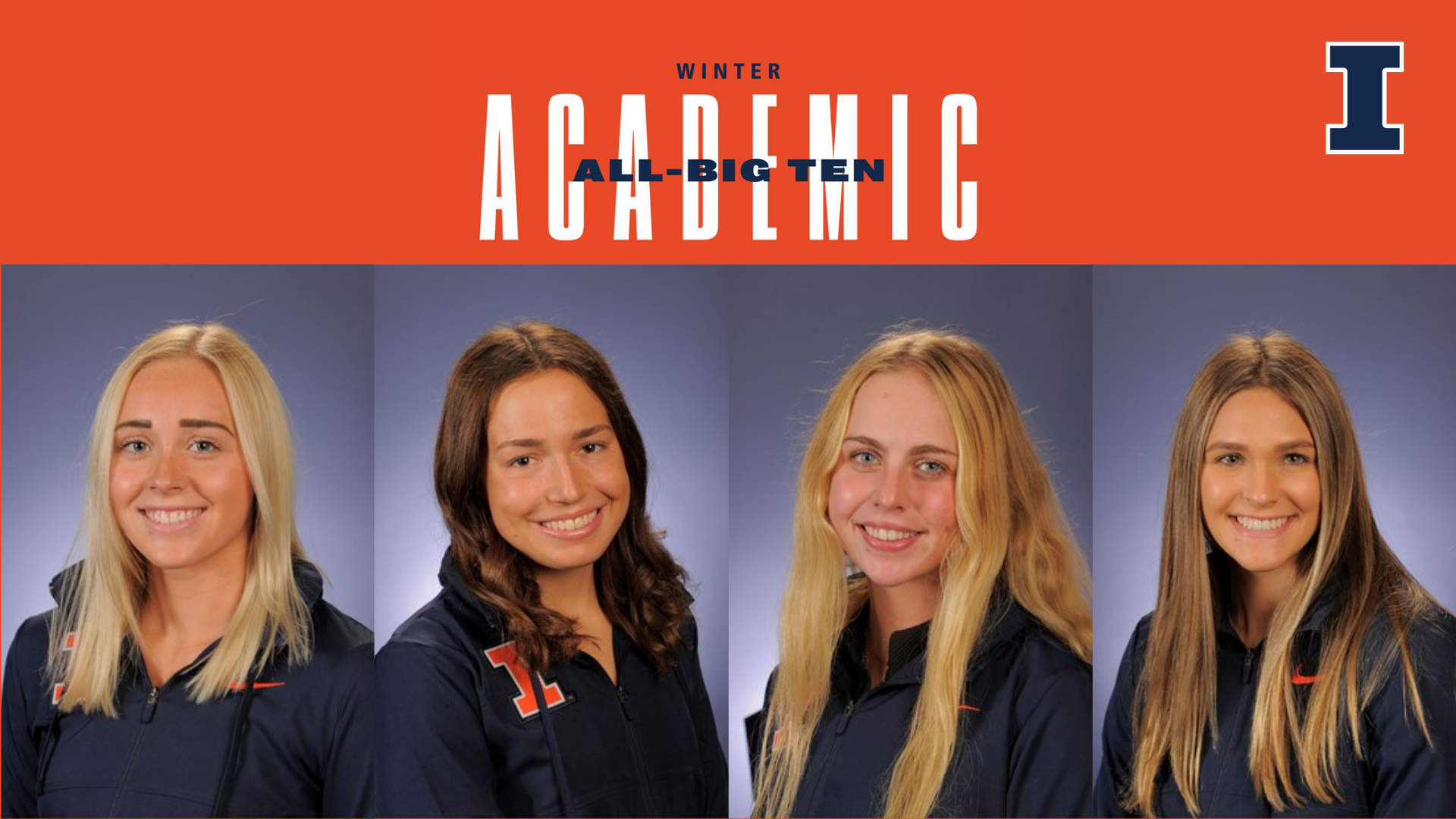 Top half of picture titled "Winter All-Big Ten Academic," with swim team roster headshots of Hannah Aegerter, Lia Munson, Meghan Niziolek, and Isabelle Packard in a row below.