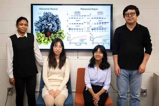 Huang lab group pose in front of research image