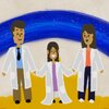 A drawing of three people in lab coats holding hands and smiling. The two on the ends are meant to depict parents, and the shorter middle figure is presumably their child. 