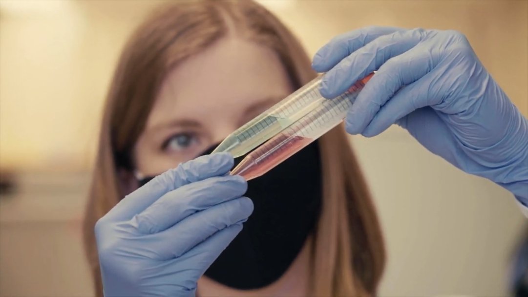 Katie Frye, PhD student in microbiology, holds up two test tubes, one with blue liquid and one with red.