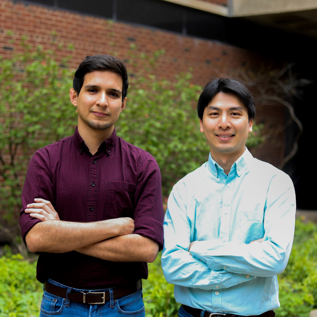 Researchers Simón Lizarazo and Dr. Nien-Pei Tsai stand shoulder to shoulder outside Burrill Hall at the School of Molecular & Cellular Biology.