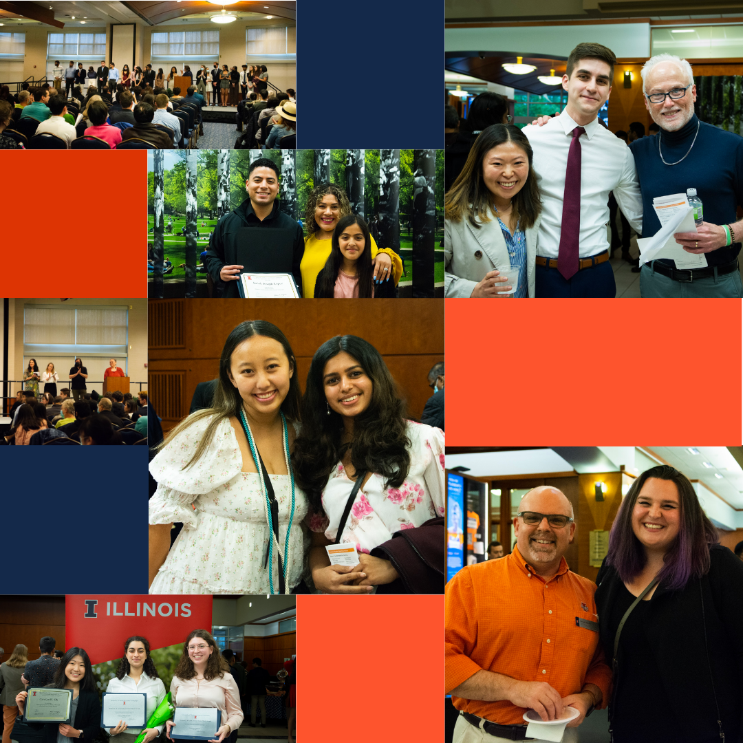 Text on photo: Congrats to MCB student award winners. Various pictures from May 2022 awards ceremony interspersed with squares and blocks filled solid with orange and blue. 
