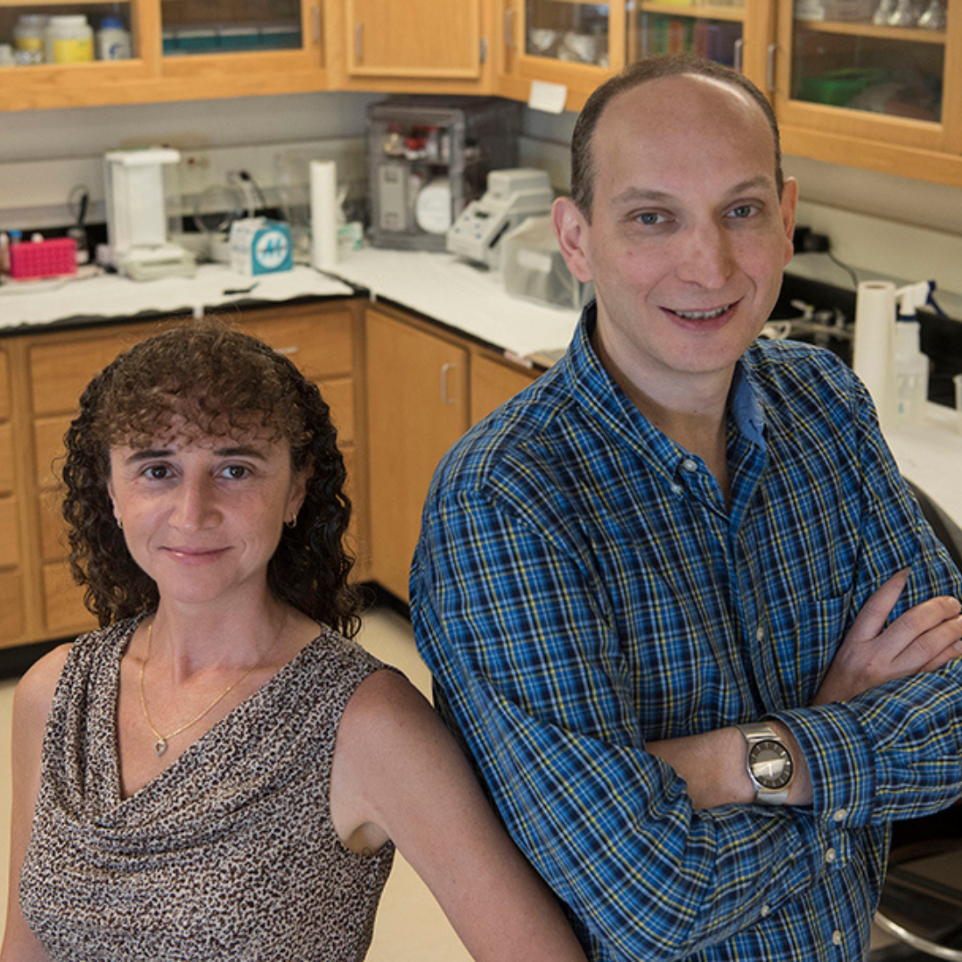 Professors Gisela D. Cyme and Claudio Grosman stand side by side in lab.