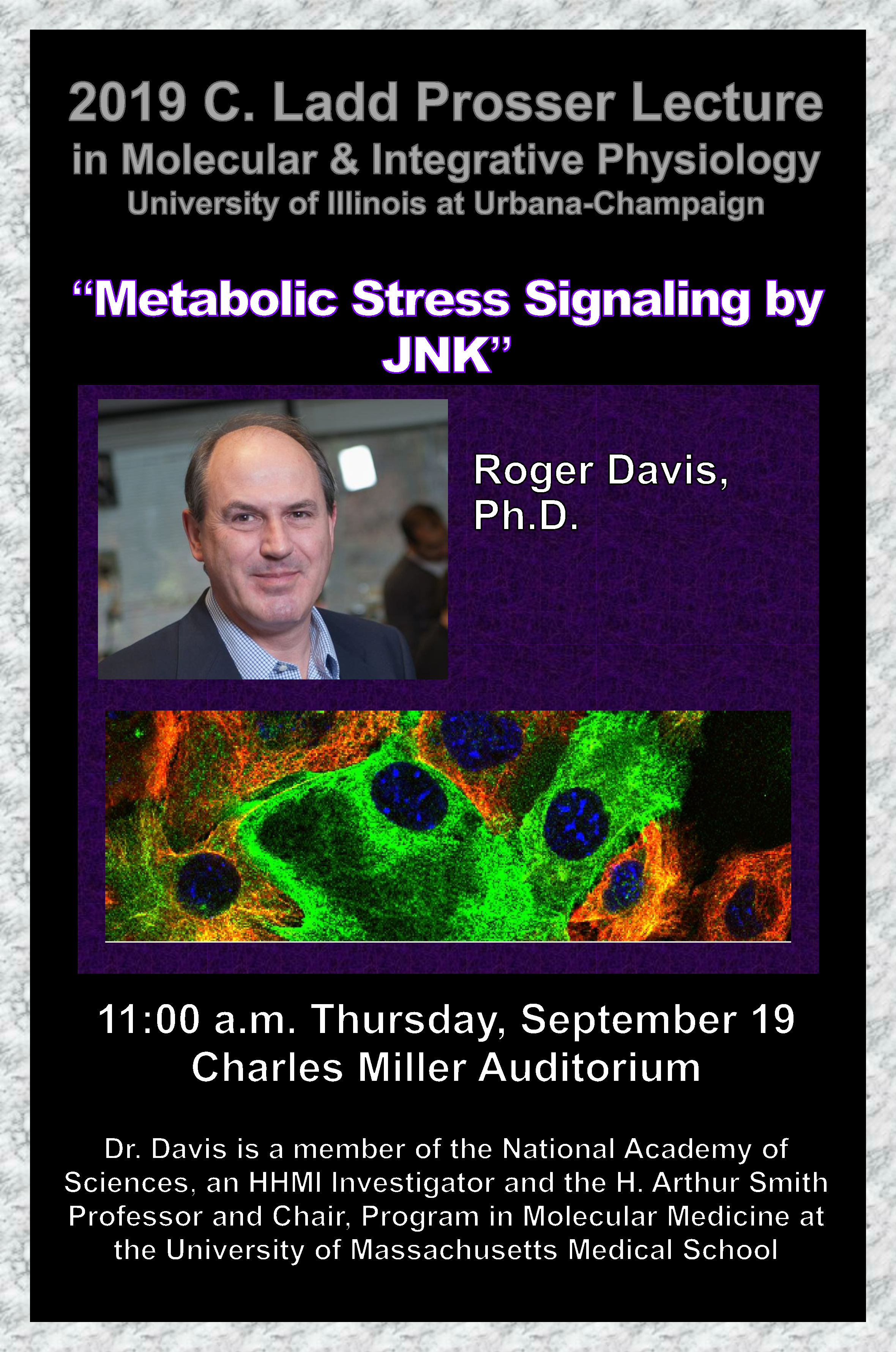 Poster with headshot and title of talk by Roger Davis, PhD
