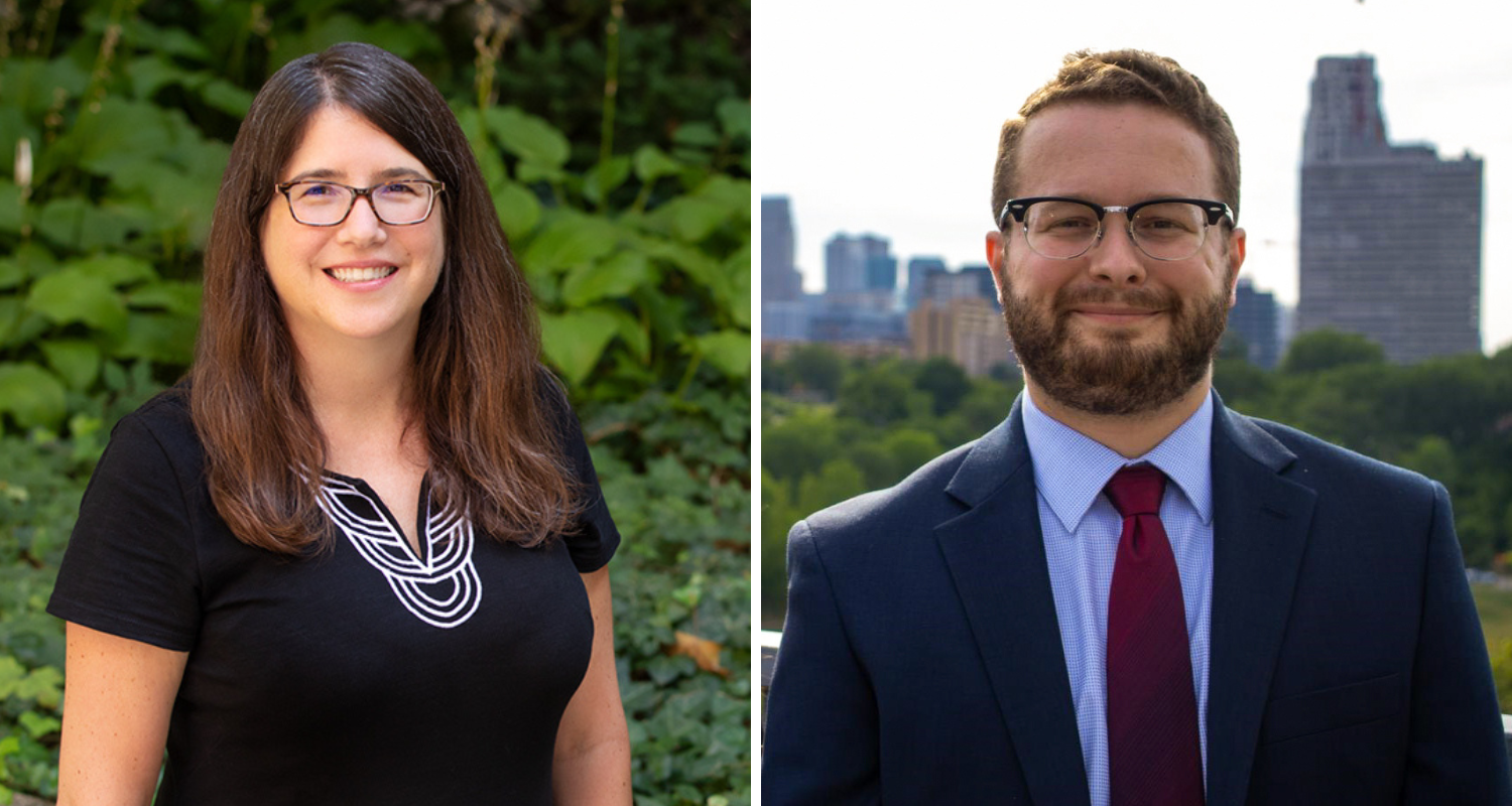 Headshots of Lori Raetzman (left) and Richard Gonigam (right) standing outside by green trees.