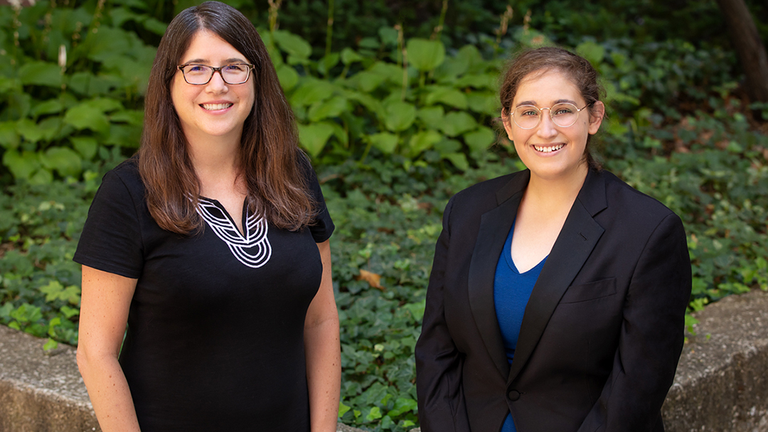 Headshots of Lori Raetzman and Rachel Gonzalez outside with green bushes and trees in the background.