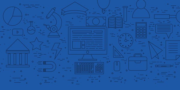 set of education icons, including microscope, laptop, clock