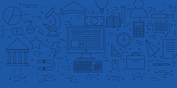 set of education icons, including microscope, laptop, clock