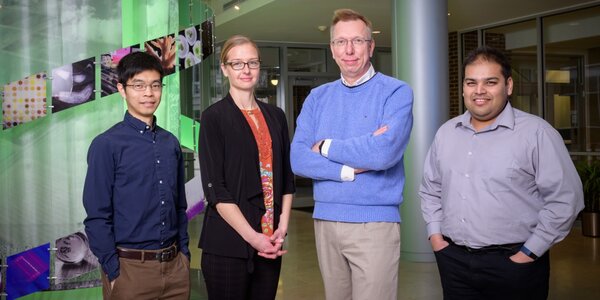 UIUC scientists leading the emerging pathogens project include, from left to right, Nicholas Wu, Beth Stadtmueller, Wilfred van der Donk, and Angad Mehta. Photo by Fred Zwicky, University of Illinois