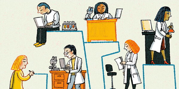 Drawings of scientists working in labs and taking notes. By Robert Neubecker
