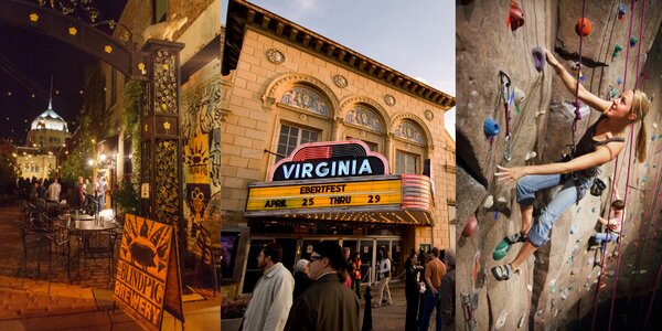 downtown champaign, virginia theatre, woman at a climbing wall