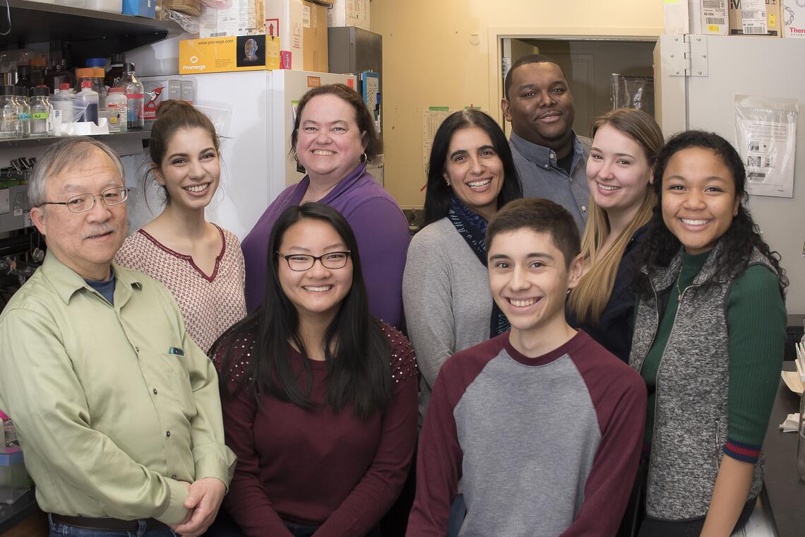 The Wilson Lab: Dr. Mengfei Ho (research assistant professor), Sarah Bounab (MCB undergraduate student), Brenda Anne Wilson (professor), Dr. Melissa Pires-Alves (senior scientist), Nathan C. Clemons (microbiology PhD graduate student), Libby E. Haywood (microbiology PhD graduate student), J. Robin Dean (MCB undergraduate student) Sitting in front: Kimberly Nalley (MCB undergraduate student), Mathias Morales (MCB undergraduate student)