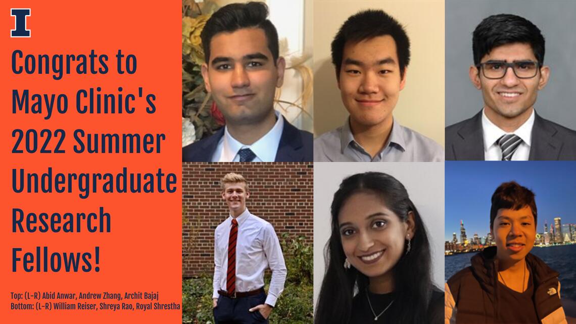 Text on image: Congrats to Mayo Clinic's 2022 Summer Undergraduate Research Fellows! Headshots of the following students: Abid Anwar, Andrew Zhang, Archit Bajaj, William Reiser, Shreya Rao, and Royal Shrestha.