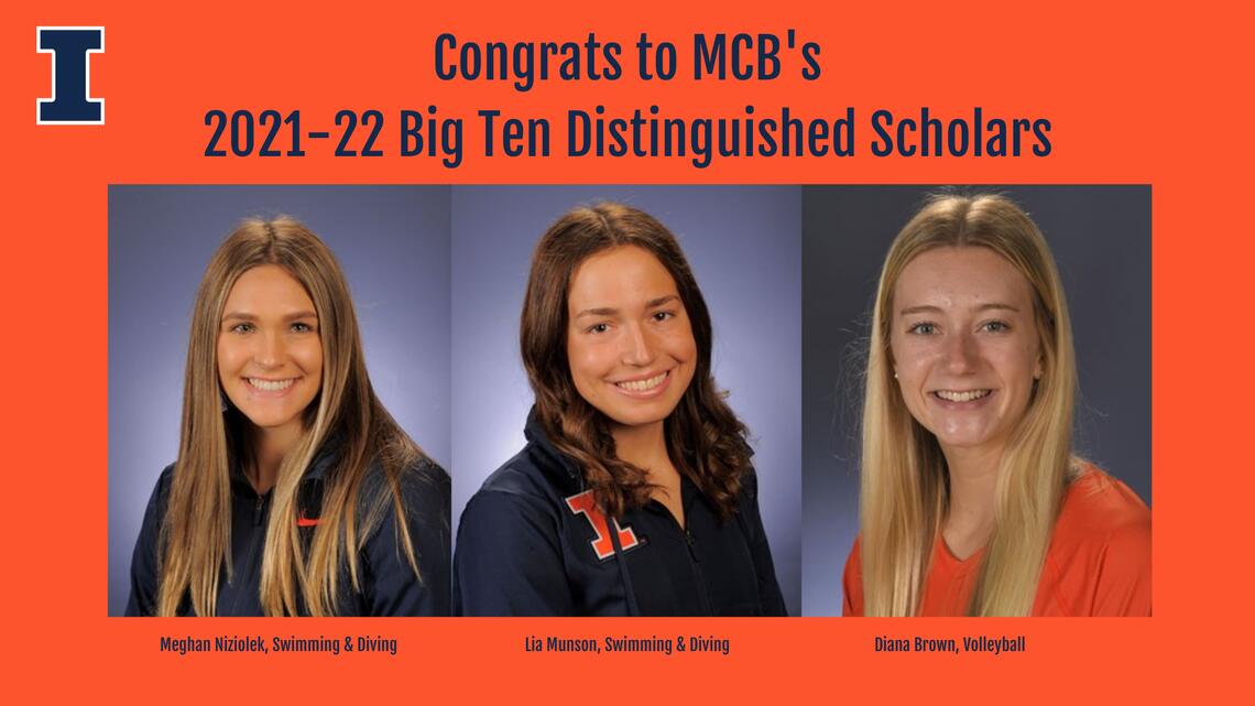 Text reads Congrats to MCB's 2021-22 Big Ten Distinguished Scholars, with headshots of Meghan Niziolek, Lia Munson, and Diana Brown filling the rest of the image. 