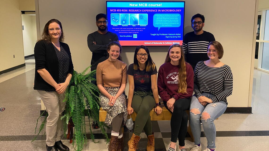 (Left to right) Asma Hatoum-Aslan, S. M. Nayeemul Bari, Olivia Howell, Lucy Chou-Zheng, Courtney Hill, Motaher Hossain, Tori Boyle