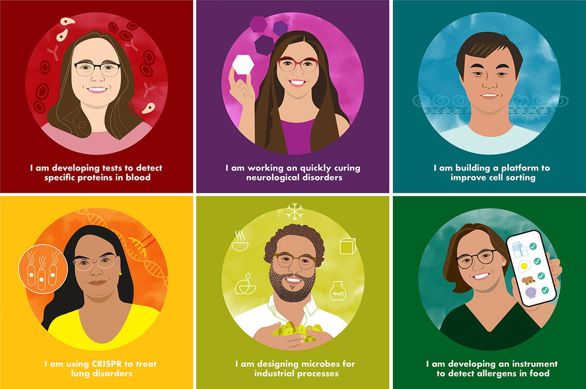 Six drawings of participants from the 2022 Young Innovator program. Clockwise from top left: Skye Shepherd, Alejandra Zeballos, Jason Wang, Amanda Bacon, Ruben Sanchez Nieves, and Devyani Swami