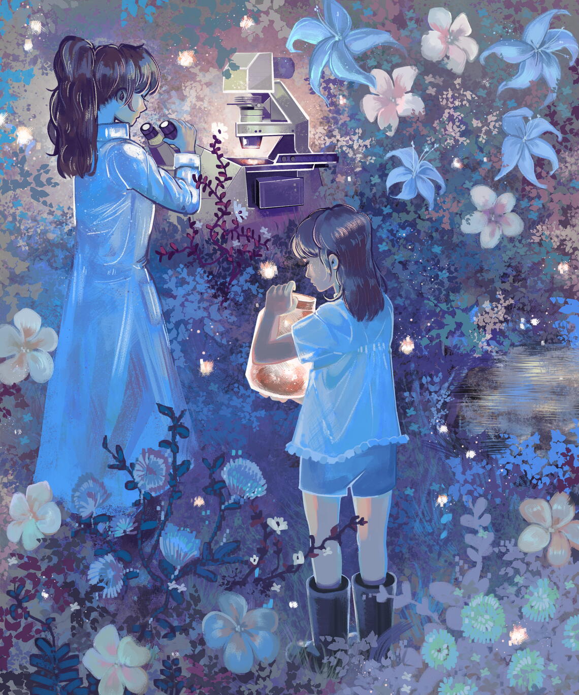 digital painting of a young girl peering into a jar of fireflies, the other one examining a sample in a microscope