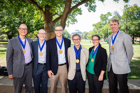 Some of the SHIELD team leaders, from left: Timothy Fan, William Sullivan, Martin D. Burke, Nigel Goldenfeld, Rebecca L. Smith and Paul Hergenrother.