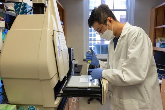 Biochemistry graduate student works in research lab.