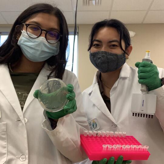 Two students wearing lab coats, masks and gloves stand beside each other facing the camera. They're holding a Petri dish, pipette tool and pipette storage container.