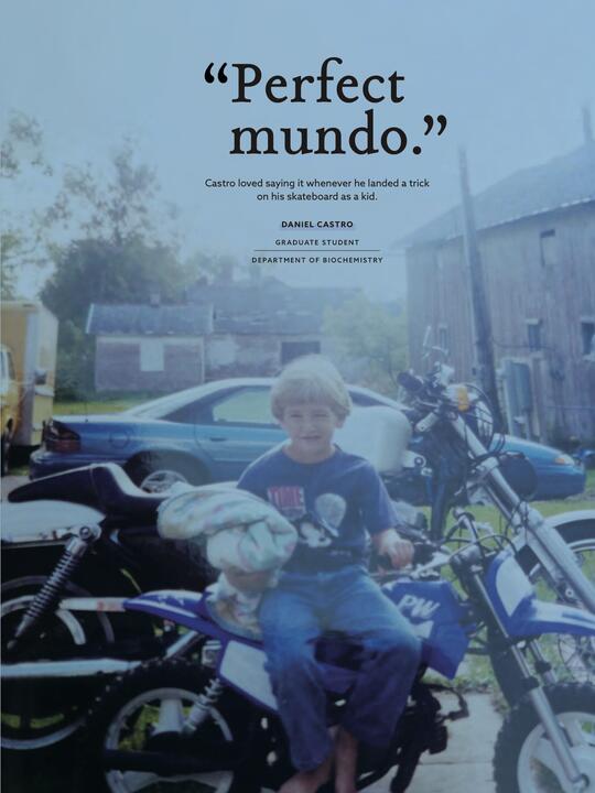 Text reads: Perfect Mundo: Castro loved saying it whenever he landed a trick on his skateboard as a kid."