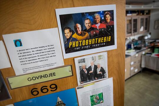 Humor is a common feature of displays in Govindjee’s office suite. In one, plant biology professors Donald Ort, Stephen Long and Govindjee have their faces superimposed on a “Star Trek” poster.