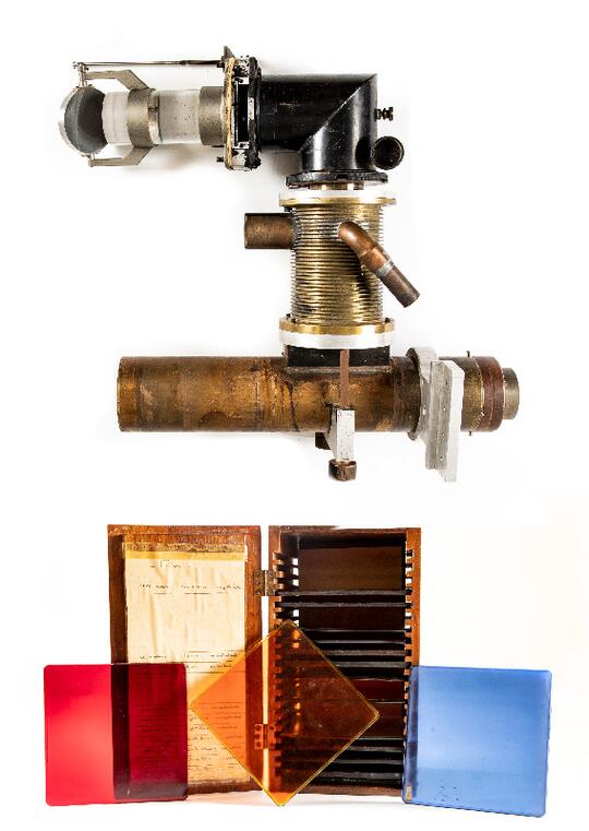 Top, an instrument that led to the discovery of two light reactions and two pigment systems in photosynthesis. Bottom, colored filters allowed researchers to measure photosynthesis under different wavelengths of light.