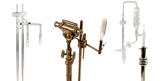 A manometer, left; a telescope and a capillary tube, center; and a distillation column were used in early photosynthesis experiments.