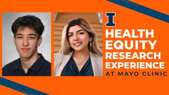 Headshots of two students, Brandon and Isela, with caption "Health Equity Research Experience at Mayo Clinic"