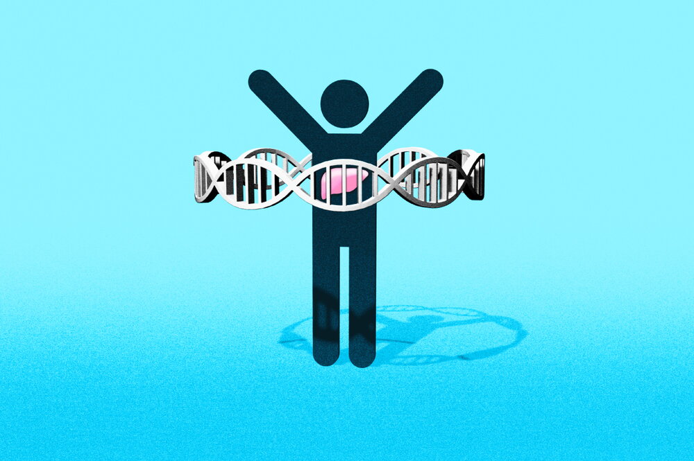 Illustration of a human standing with a DNA strand circling the human. Image by Michael Vincent.