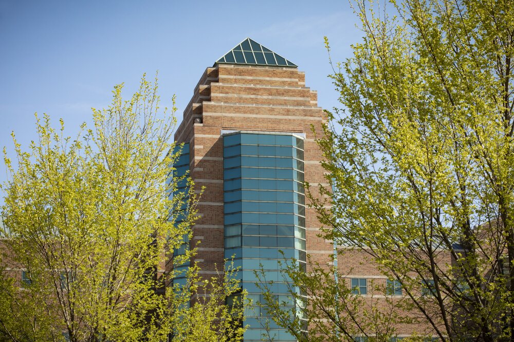 Exterior photo of Beckman Institute in summertime