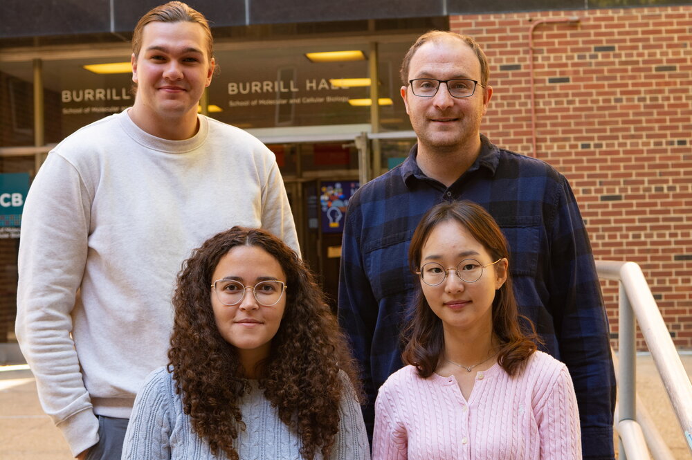 Paper authors stand on the stairs outside Burrill Hall. From left, back row, Jared Butts, Patrick Sweeney, Ingrid Possa, Dajin Cho