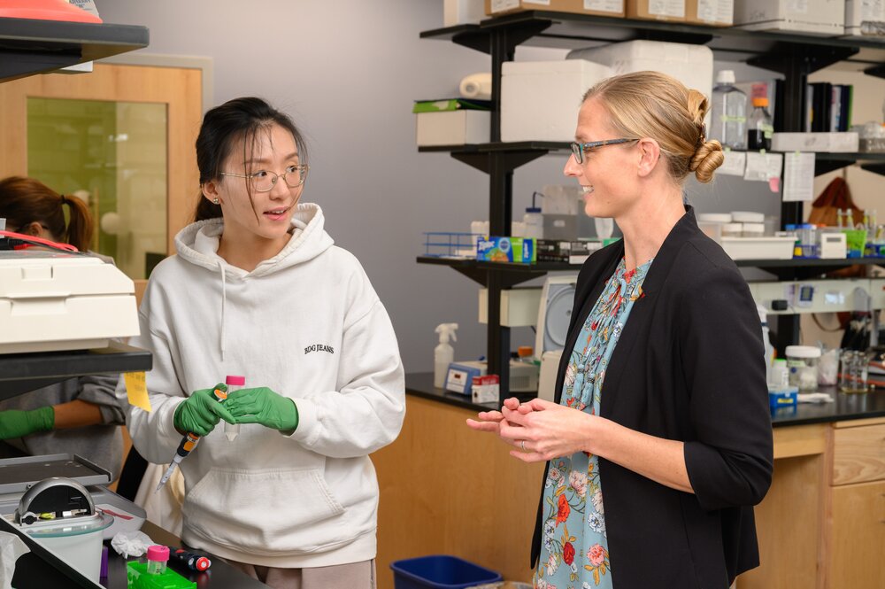 Researchers in conversation in a biochemistry lab