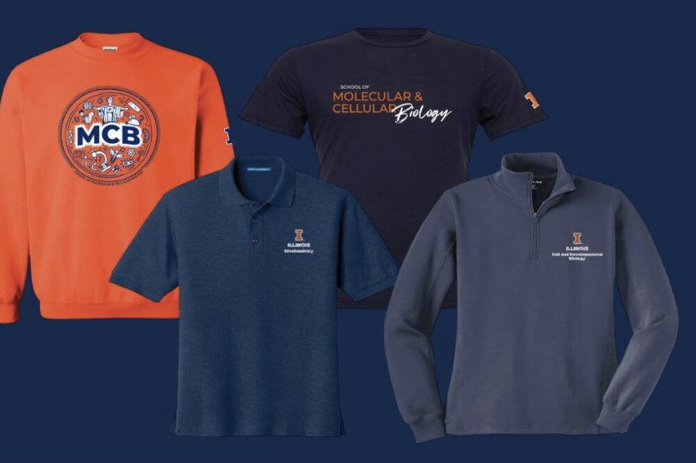 orange and blue sweatshirt, polo, and quarter-zip shirt with MCB and Block I logo