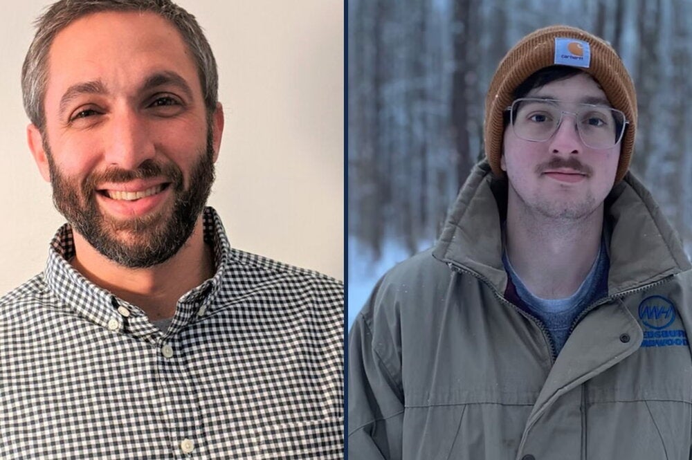 From left: headshot of man in striped shirt, man in jacket and heat stands in woods