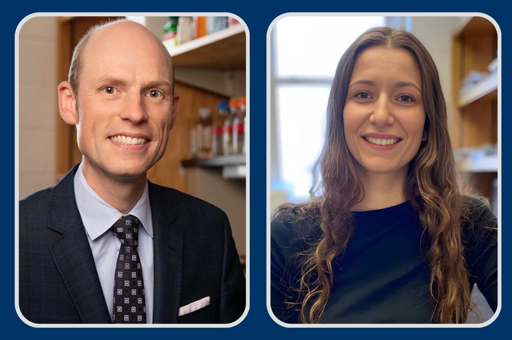 Headshots of two researchers standing by lab bench