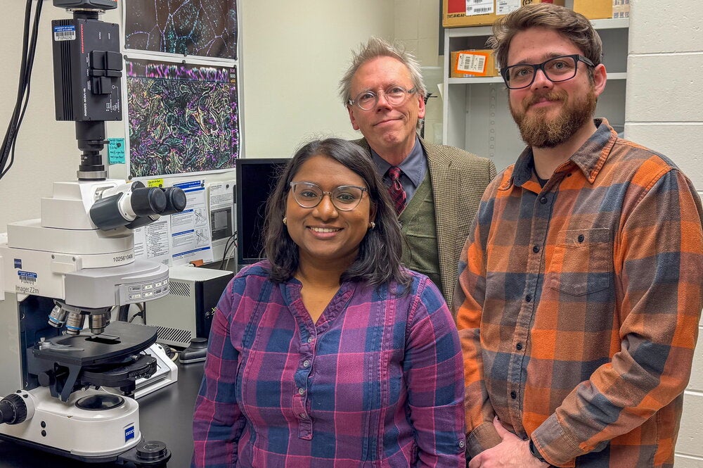 Three scientists next to a microscope