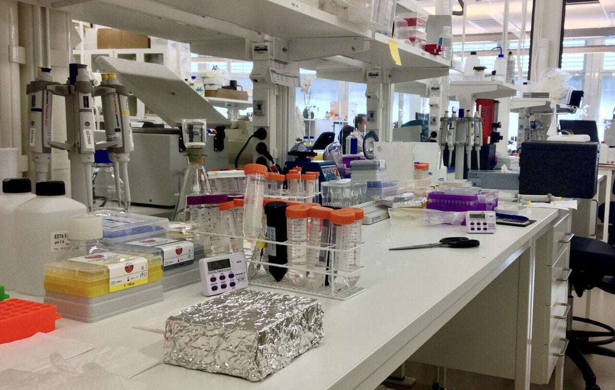 Laboratory bench with pipettes, eppendorf tubes, and centrifuge. 