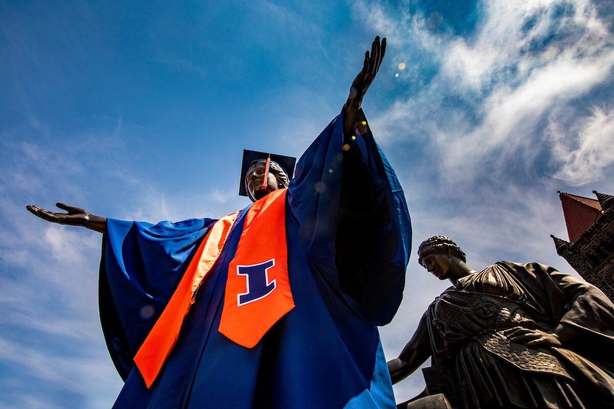 Alma mater in cap and gown