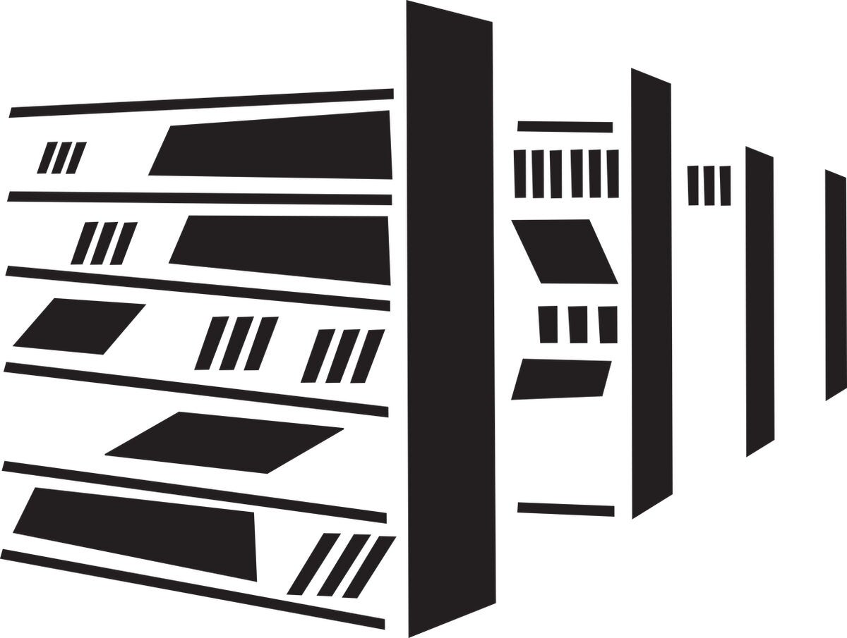 black and white graphic of library stacks