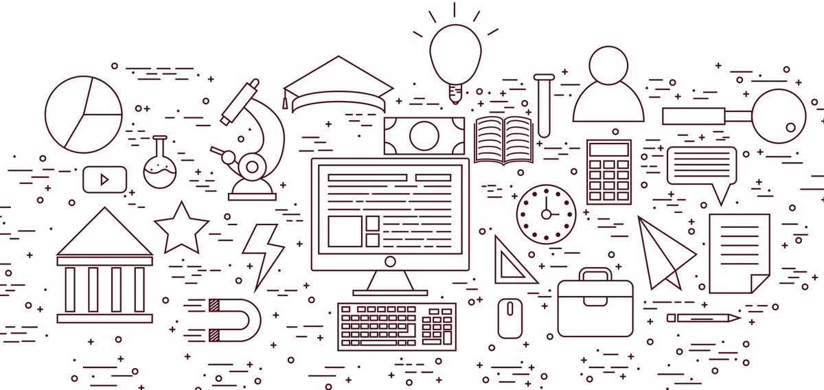 set of educational images such as lightbulb, laptop, microscope