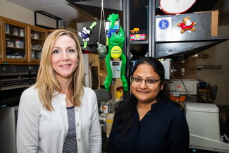 Researchers stand side by side with stuffed animal frog in between them.