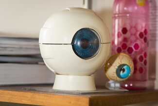 Toy eyes propped up on bookshelf.