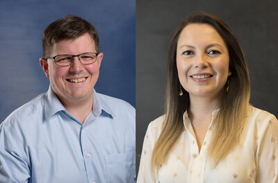 Study leader Thomas Kehl-Fie, left, an associate professor of microbiology with first author and PhD student Paola Párraga Solórzano.