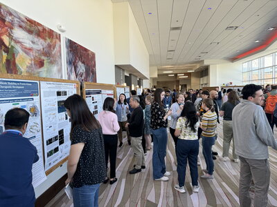 Attendees of the graduate research retreat view posters