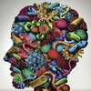 Image of a human head with colorful cells and gene models overlayed on top.