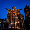 Alma Mater is all ready for the holidays with a winter scarf, ear muffs and holiday lights. Her garb is completed with a mask during this era of COVID-19.