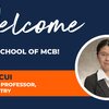 Graphic showing headshot of Chang Cui and the text, Welcome to the School of MCB Chang Cui, assistant professor of biochemistry 