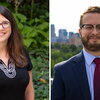 Headshots of Lori Raetzman (left) and Richard Gonigam (right) standing outside by green trees.