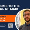 Welcome to MCB graphic with headshot of biochemistry professor Samy Meroueh